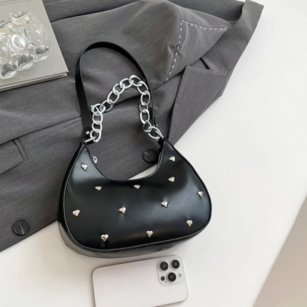Women's PU Leather Shoulder Bag Metal Chain Rivets Zipper Closure Compact